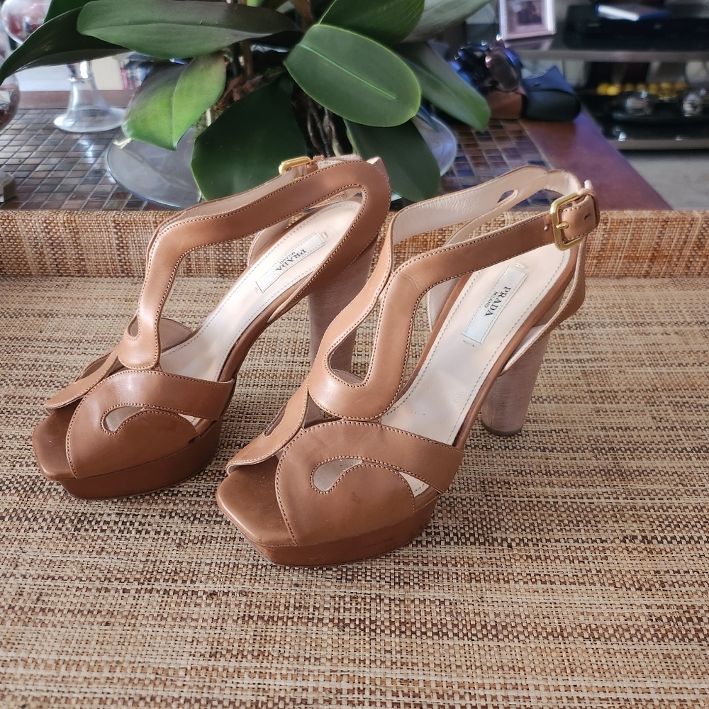 Prada Cut-Out Platform Sandals in Tan Leather size 36